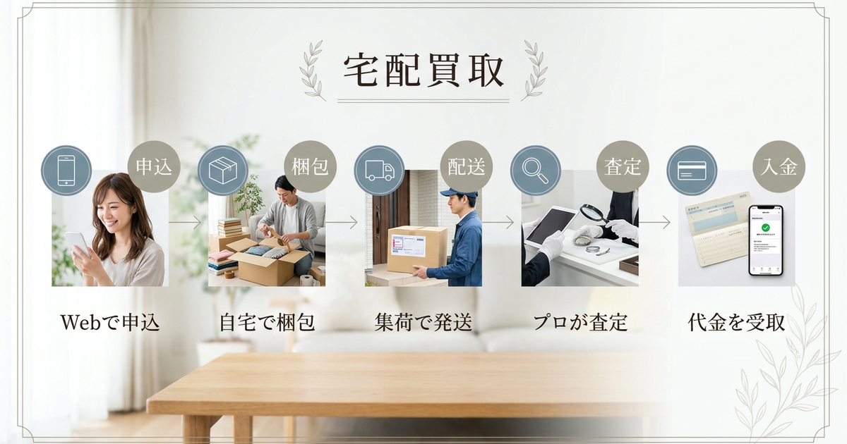 宅配買取の流れは「申込→梱包→配送→査定→入金」の5ステップで進んでいく